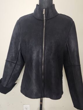 E Studio Black Patchwork Faux Suede Zip-Front Lined Jacket